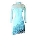 Disfraz de baile latino con flecos, color azul claro, disfraz de competición de actuación, disfraz de baile Rumba Cha Cha para mujer, Azul, M
