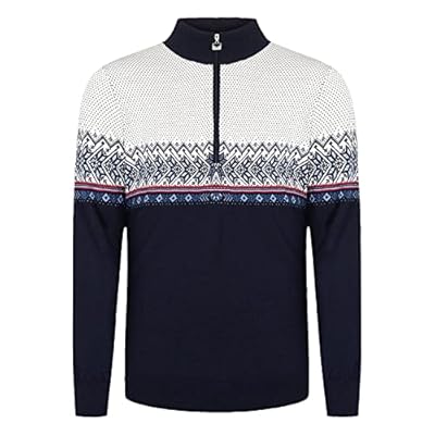 Merino wool half-zip sweater with Nordic white and blue pattern on a white background.