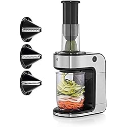 Rallador Y Cortador De Verduras Electrico WMF Kult X - Espirilizador. Cortador verduras en espiral eléctrico de 80 W, 3 accesorios de corte de 9 a 3 mm y recipiente transparente de 1,25 L , acabados de acero inoxidable de Cromargan® mate