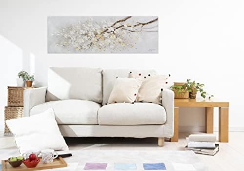 Kunstloft Acrylic painting | 100% HANDPAINTED | 59x20inches | Framed wall art 'Between spreading branches' | Blossoms | White | Painting on canvas