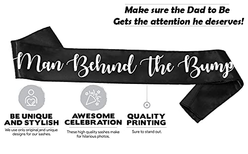 "Man Behind The Bump" Funny Baby Shower Sash for Daddy to Be, Baby Shower Party Decorations Gifts Supplies Dad to Be Baby Gender Reveal Ideas New Father Favors (Black and White) — view 5