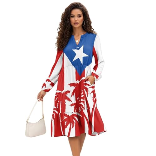 UOQFHHM Womens Fall Dresses Puerto Rican Flag Print Patchwork Flowy Dress V Neck A-Line Skirt with Pockets for Vacation Large