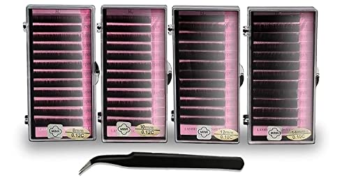 Eyelash Extensions 0.10mm C Curl 8-14mm Mixed Flat Eyelash Extension 4 Pack Kit With Tweezers, supplies Individual Eyelashes Salon Use Black Mink False Lashes