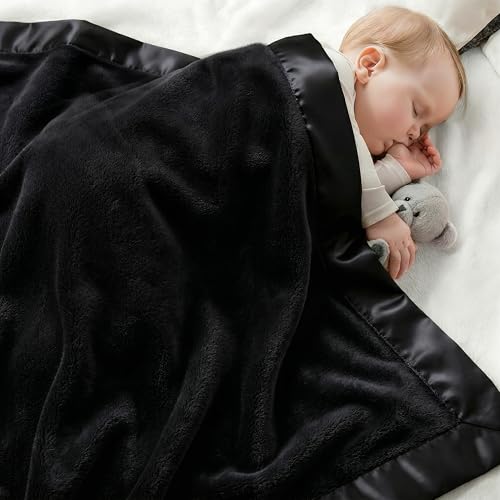 Image of Pro Goleem Fleece Baby Blanket with 2 Inch Satin Trim Soft Anti-Static Plush Blanket for Boys and Girls Christmas Baby Gifts for Babies Black 30''x40''