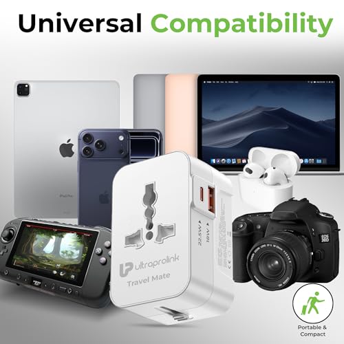 Image of UltraProlink International All in One Universal Travel Adapter|20W Charger|USB-A + Type C Port|PD3.0 Support|1500W|for Mobile,Tablets,Cameras|UM1341|Travel Mate|White