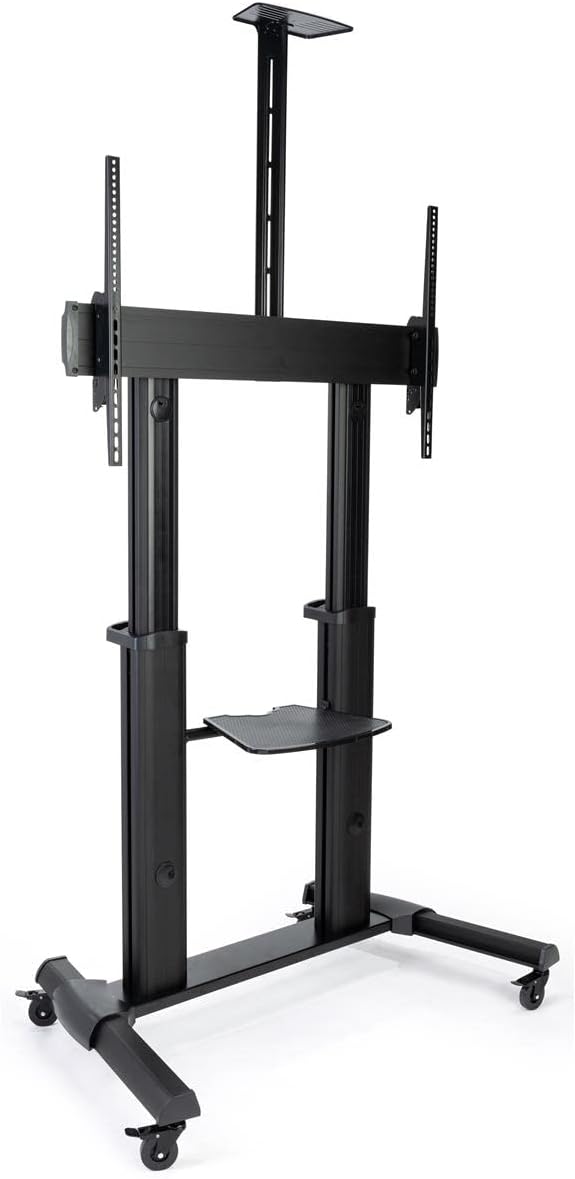 Displays2go Heavy Duty Rolling TV Stand for 60–100" Screens with AV Shelf, Camera Tray & Cable Management – Black (TEL10X6BK)