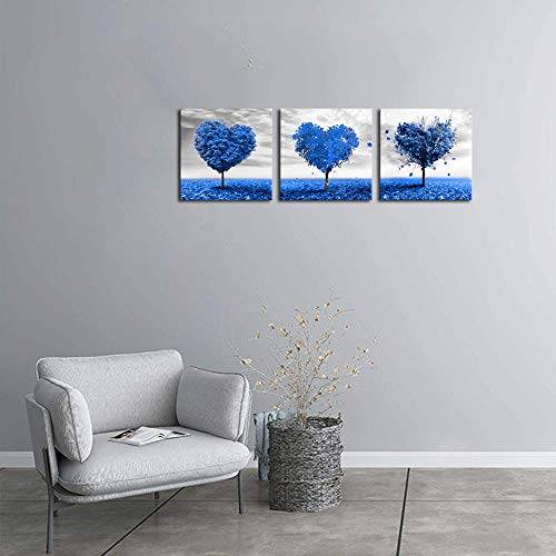 Artsbay 3 Panel Heart Shaped Tree Canvas Painting Blue Romantic Love Tree Picture Print Black And White Horizon Wall Art Gallery Wrapped Artwork Home Decor Framed For Living Room Kitchen Decoration #TOP2