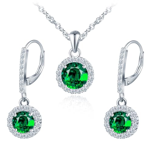 Image of MICMIF Halo Jewellery for Women 925 Sterling Silver Cubic Zirconia Necklace Earrings Set in White, Purple, Blue, Pink, Green or Red Round Pendant Chain 45cm and Dangle Earrings Elegant