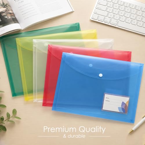 Image of Shuban Document File Folders with Snap Button Closure, Waterproof Plastic Envelope Pouches for Letter /A4 Size Paper, Assorted Transparent Colors (Style-3-Plain Transparent Folder-4Pcs-Mix Color)