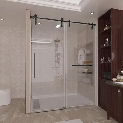 Halmuz 56-60" W x 76" H Frameless Sliding Shower Door,5/16"(8mm) Clear SGCC Tempered Glass Shower Door,Stainless Steel Hardware,Modern Shower Door w/Seal Strip for Waterproof,Black