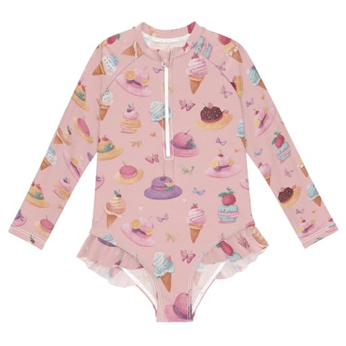 ALAZA Toddler Swimsuit Girl Bathing Suit Swimwear Rash Guard Ice Cream Sunhat Long Sleeve 3T
