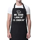 Funny Apron for Men - Mr. Good Looking is Cooking Funny Chef Apron with 2 Pockets Adjustable Neck Strap Unique Cooking BBQ Grilling Chef Gifts for Men Husband Dad Boyfriend Friend Black