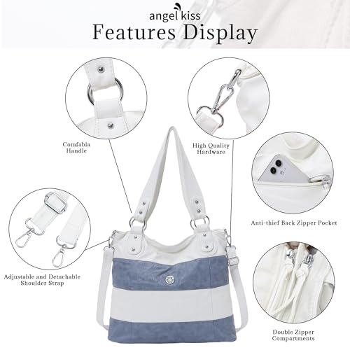 Image of Angel Kiss Hobo Shoulder Purses for Women Large Soft Washed PU Leather Stripe Crossbody Handbags
