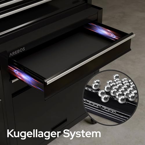 Arebos Werkstattwagen 9 Fächer/zentral abschließbar/Anti-Rutschbeschichtung/Räder mit Festellbremse/Massives Metall/rot oder schwarz (Schwarz) - 4