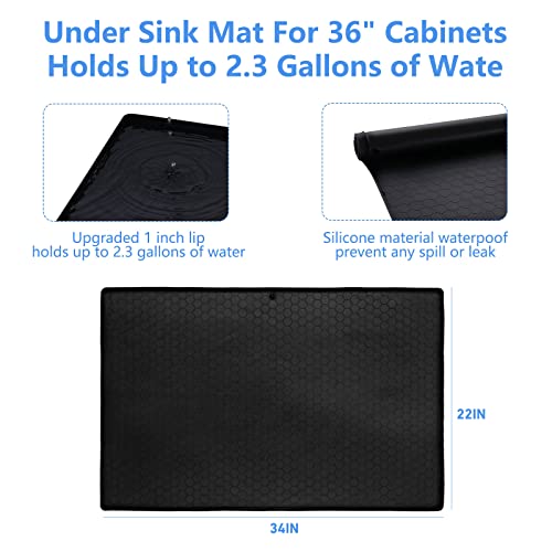 Under Sink Mat - Kitchen Cabinet Tray Waterproof - 34" X 22" Kitchen Bathroom Cabinet Mat And Protector - Under Kitchen Sink Liner Silicone Mats - Under Sink Tray For Drips Leaks Spills - Black #TOP1