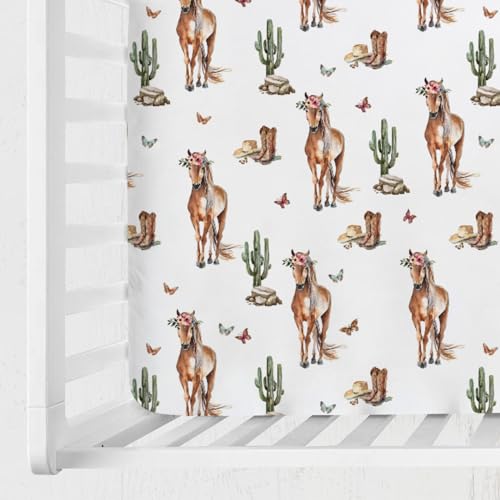 Image of Watercolor Cowboy Horse Floral Baby Crib Sheet 52''x28'' Western Cowboy Boots Hats Cactus Stretchy Fitted Crib Mattress Cover for Boy Girl Wild Soft Baby Sheets for Standard Crib Toddler Mattress