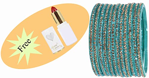 Image of NMII Glass with Zircon Gemstone and Beads Studdded Glossy Finished Traditional Bangle Set For Women and Girls