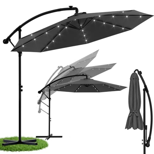 Ferghana Led Sonnenschirm Alu Ø350cm, Kurbel, Ampelschirm, Dunkelgrau