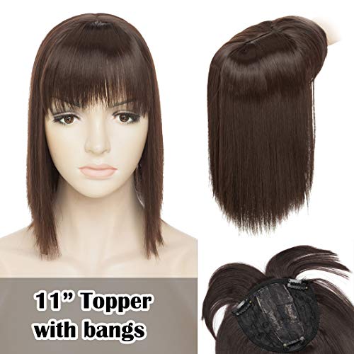 Synthetic Crown Toppers Clip in/on Natural Long Straight Top Hair Hairpiece with Air Bangs Middle Part Hair Extension for Women with Hair Loss Thinning Hair #4A Dark Brown 11 Inch 95g