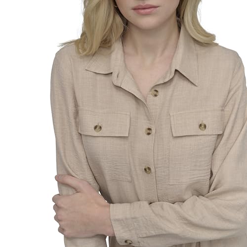 Image of DKNY Women's Long Sleeve Collared Tie Waist Midi Shirtdress