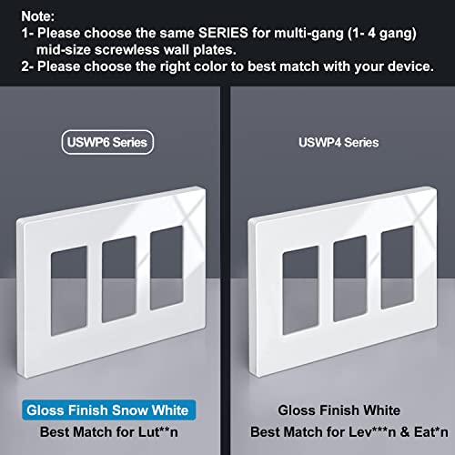 [2 Pack] Bestten 3-Gang Modern Designer Mid Size Screwless Wall Plate, Uswp6 Gloss Snow White Series, Unbreakable Midway Outlet Cover, Impact Resistant Switch Plate, H4.88” X W6.74” #TOP5