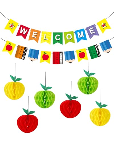 DWEARTY Welkom terug naar school banner met 6 Apple Paper Honeycomb opknoping decoraties - terug naar school feest, klaslokaal en kantoor decor