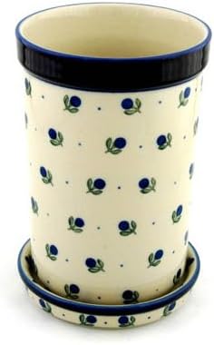 Polmedia Polish Pottery Wine Chill with Saucer - Blue Buds Pattern Handmade in Boleslawiec Poland by Ceramika Artystyczna + Certificate of Authenticity