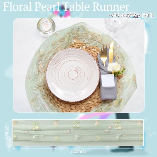 Lounsweer 3 Pcs Sage Green Wildflower Table Runner 10ft Embroidery Tulle Spring Floral Table Runner Seasonal Summer Butterfly Kitchen Dining Gauze Decoration for Wedding Baby Shower Birthday Party by Lounsweer - Used condition - Image 6