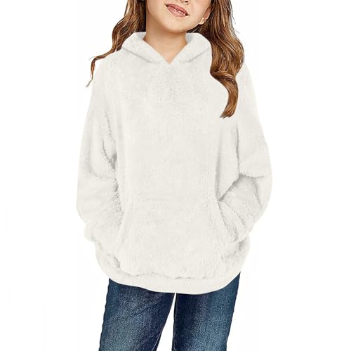 Girls Fuzzy Hoodies Sweatshirt Casual Fleece Long Sleeve Plain Pullover Tops Fall Fashion Sweater With Pockets 4-13 Years
