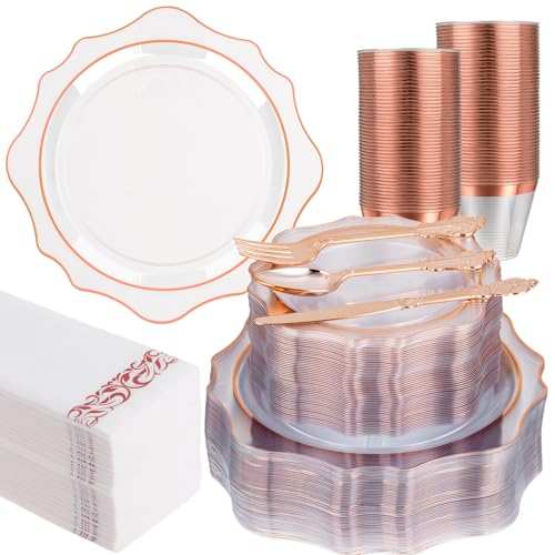 350 PCS Clear and Rose Gold Plastic Plates, Rose Gold Disposable Plates for 50 Guests, Includes 100 Disposable Plates, 50 Cups, 150 Silverwares, and 50 Napkins for Party, Wedding