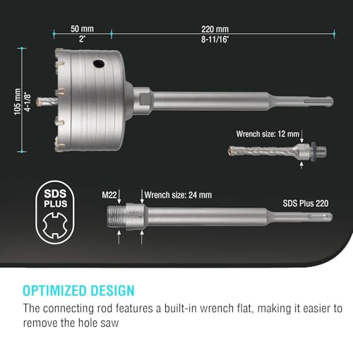 Image of BINOTA 105 mm (4-1 /8 inch) Concrete Hole Saw with SDS-Plus Shank | Tungsten carbide drill bit; SDS-Plus shank (220 mm); Cross-type center drill; Dry drilling for concrete /brick /stone /masonry