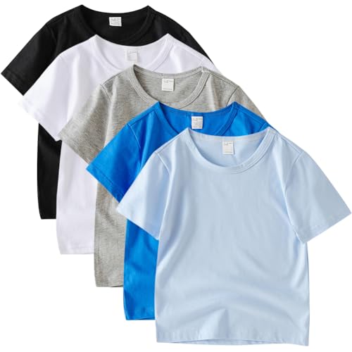 Image of 5 Pack Kids T-Shirt Cotton Tee Shirts for Boys and Girls Toddler Tops | Soft cotton tee for unisex, crew neck, mix with shorts and jeans, basic for everyday wear,suitable for 2-14years