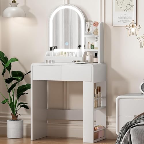 Image of JanflyHome Vanity, Small Vanity Desk with Mirror and Lights, Side Shelf Storage Space, Compact Girls Dressing Table in Bedroom, Modern Round Curved Design, White