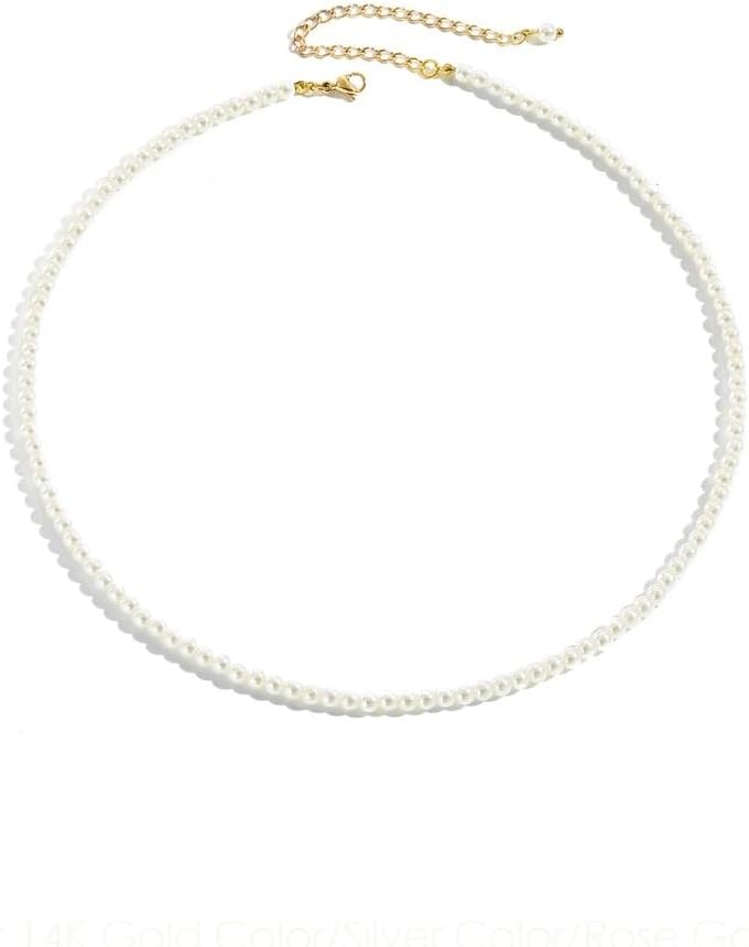 14k Yellow Gold Choker Imitated Pearl Drop Necklace For Women Bride, 925 Sterling Silver Delicate Simple Tiny Pearl Necklace - Floating Pearl Necklace, Pearl Station Necklace, Single Pearl Necklace