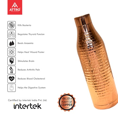 Image of ATTRO Amulya Copper Bottle Design Boosts Immunity Leakproof & Lightweight |Anti-Bacterial, BPA Free with Secure Cap for School, Travel, Gym & Work 1000ml Hammer