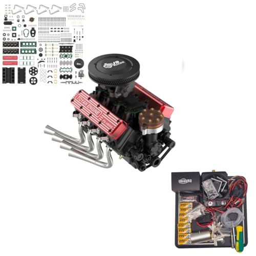 MechPuConToy Mini V8 Engine Model Kit That Runs, FS-V800WGPC 1/10 Scale 28cc Water-Cooled Four-Stroke OHV V8 Engine Model Kit, Build Your Own V8 Metal Engine That Works