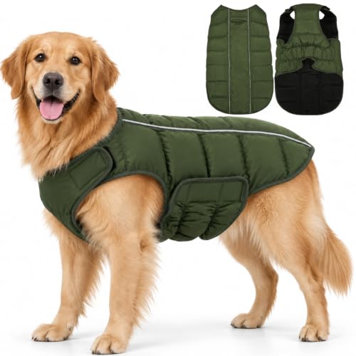 Kuoser Dog Puffer Jacket Warm Dog Coat for Extra Large Dogs, Windproof Reflective Pet Padded Vest Cold Weather Clothes Puppy Snowsuit with Hook & Loop Coats, Easy On/Off, Green 3XL