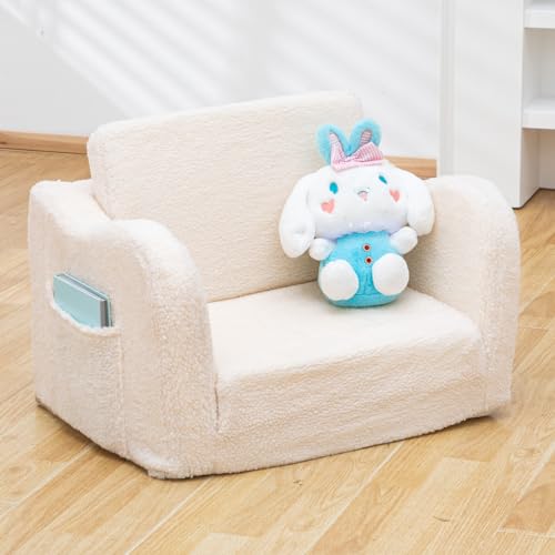 Image of Toddler Baby Chair Couch Sofa Kids Foldable 2-in-1 Sherpa Fold Out Couch Bed Toddler Chairs Comfy for Boys & Girls Convertible Kids Furniture Sofa to Lounger for Playroom with Double Pockets, Pink