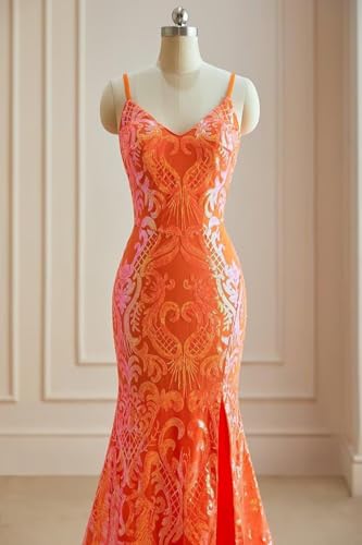 V Neck Sequin Prom Dresses with Slit Sparkly Mermaid Pattern Evening Dress for Women2