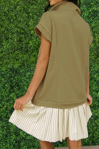 Image of Women's V Neck Short Sleeve Summer Dress Cap Sleeve Casual Loose Fit Pleated Striped Shirt Dress