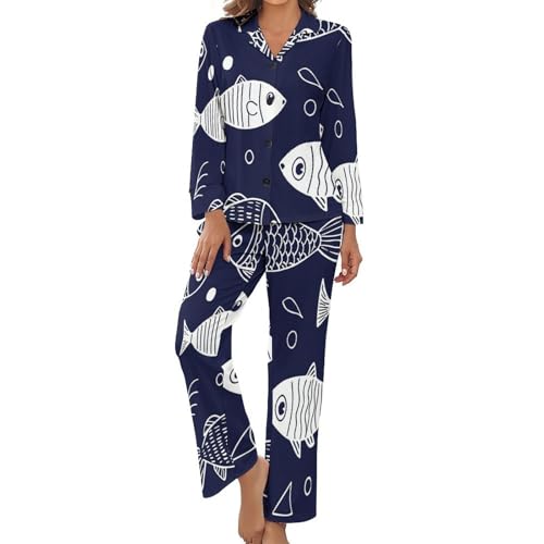 Pyjama femme boutonné manches longues avec imprimé poisson mignon dessin animé