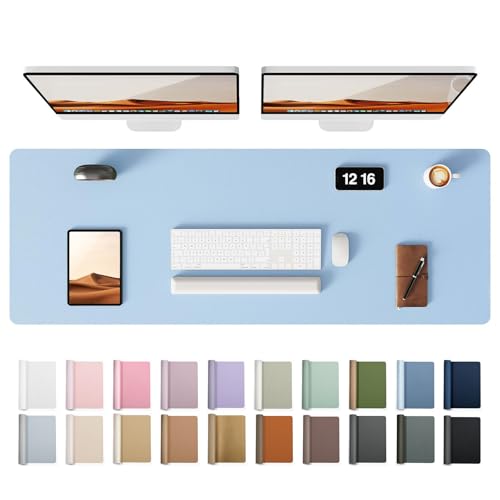 YSAGi Leather Desk Protector, Office Mat, Large Mouse Mat, Non-Slip PU Leather Blotter, Laptop Pad, Waterproof Writing Pad for Office and Home (Baby Blue, 47" x 17")