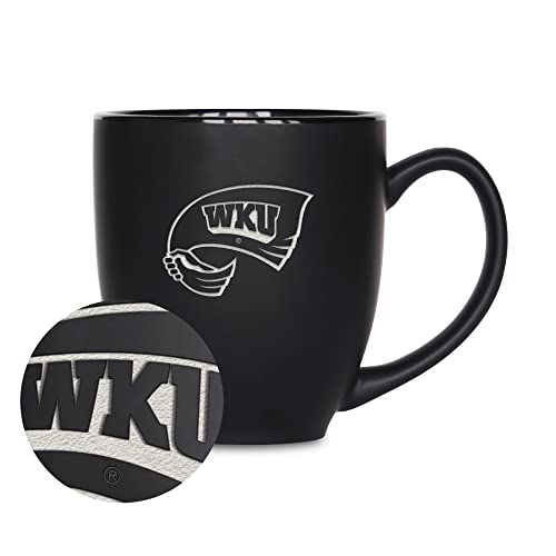 Rico Industries NCAA Western Kentucky Hilltoppers Main 15oz Laser Engraved Matte Black Ceramic Bistro Mug - For Hot or Cold Drinks