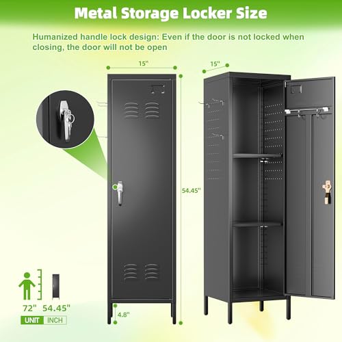 Image of SUPEER Metal Locker Cabinet with Lock, Pegboards, Hooks and Hanging Rod | 15 inchW x 15 inchD x 54.45 inchH steel locker with 2 pegboards, 5 hooks, an interior hanging rod and required assembly.