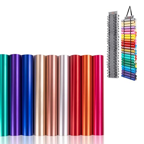 HTVRONT 9 PCS 12"x12" Matte Metallic Vinyl Permanent - Vinyl Storage Organizer - Vinyl Roll Holder Holds Up to 48 Rolls