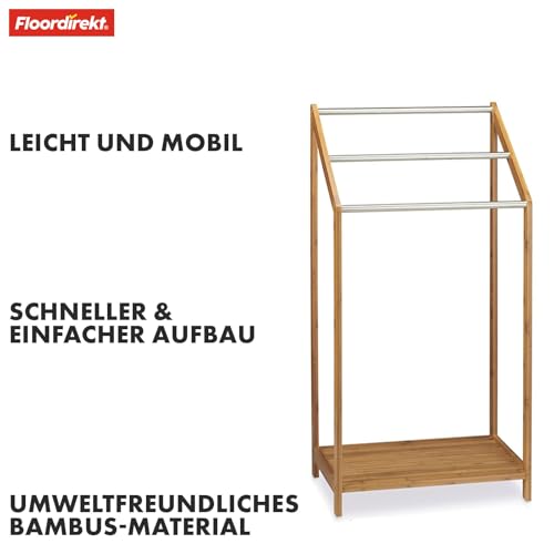 Floordirekt Ilinois - Toallero de bambú con 3 barras de acero inoxidable (31 x 51 x 85 cm), toallero de pie para baño con superficie de almacenamiento, ideal para espacios pequeños - imagen 5