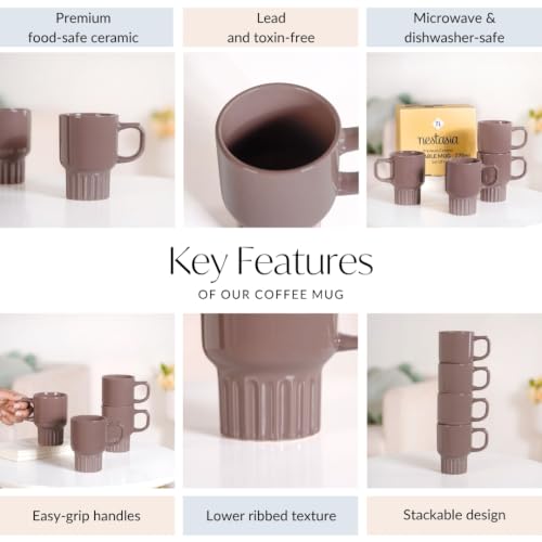 Image of Nestasia Ceramic Stackable Cups Set of 4 (270ml Each) - Fluted Bottom Tea & Coffee Cups with Glossy Finish | Microwave & Dishwasher Safe Cups - Ideal for Gifting (Taupe)