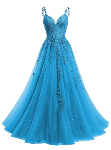 YMSHA Women's Blue Prom Dresses Long Ball Gown Lace V Neck Simple Sparkly Formal Gowns and Evening Dresses 10