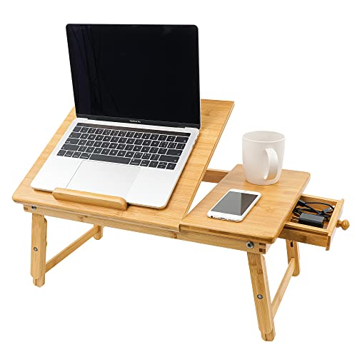 Utoplike Bamboo Laptop Desk for Bed, Tilting Top Bed Serving Tray, Breakfast Table Ajustable Height, Fodable Legs, Storage Drawer, Lap Stand for Reading, Writing, Eating