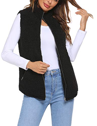 Beyove Women's Casual Fuzzy Sherpa Fleece Lightweight Fall Warm Zipper Sleeveless Vest with Pockets S-XXL (Black, X-Large)